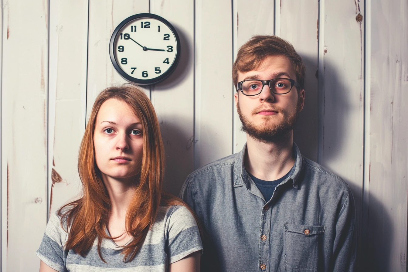 kobieta i mężczyzna, niecierpliwi, zegar na ścianie