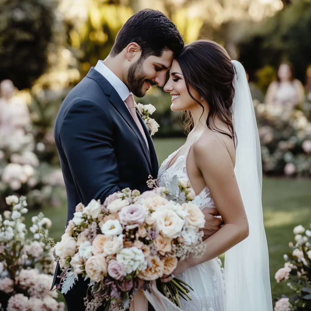 Plan amerykański ukazujący parę młodą stojącą blisko siebie w plenerze. Postacie są widoczne od kolan w górę, co pozwala skupić się na ich gestach i emocjach. W tle delikatnie rozmyte dekoracje kwiatowe i goście, tworząc ciepłą, romantyczną atmosferę.