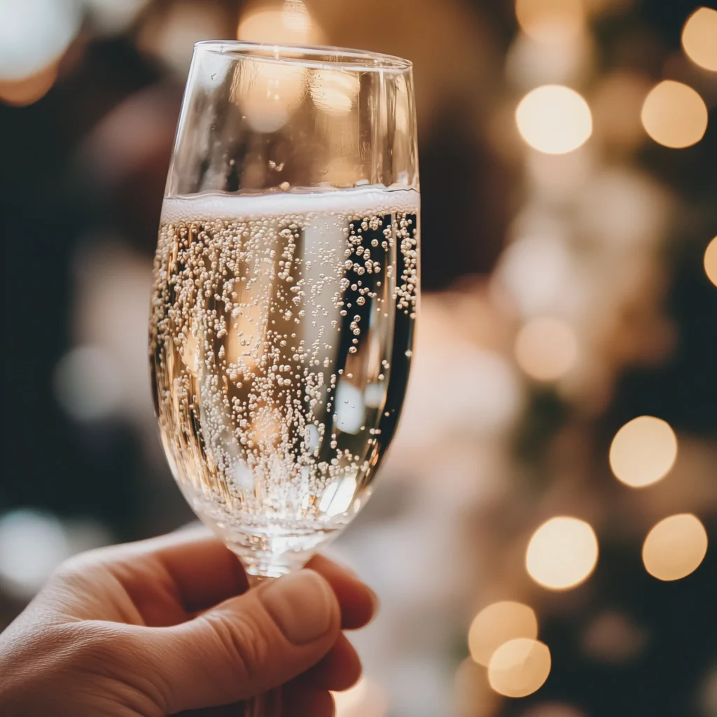 Plan bardzo bliski ukazujący kieliszek szampana podczas wznoszenia toastu na weselu. Ujęcie skupia się na bąbelkach w kieliszku i kondensacji na jego powierzchni, a rozmyte tło z dekoracjami tworzy świąteczną atmosferę.