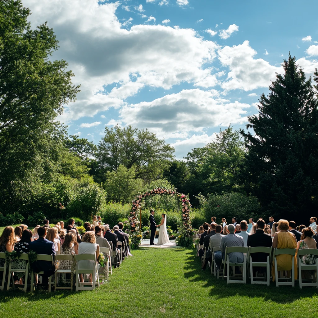 Kadr pełny przedstawiający parę młodą stojącą razem przy ołtarzu na plenerowej ceremonii. Postacie są widoczne w całości, od stóp do głów, co podkreśla ich sylwetki oraz szczegóły stroju. Tło ukazuje siedzących gości oraz otaczającą zieleń, tworząc spokojną i intymną atmosferę