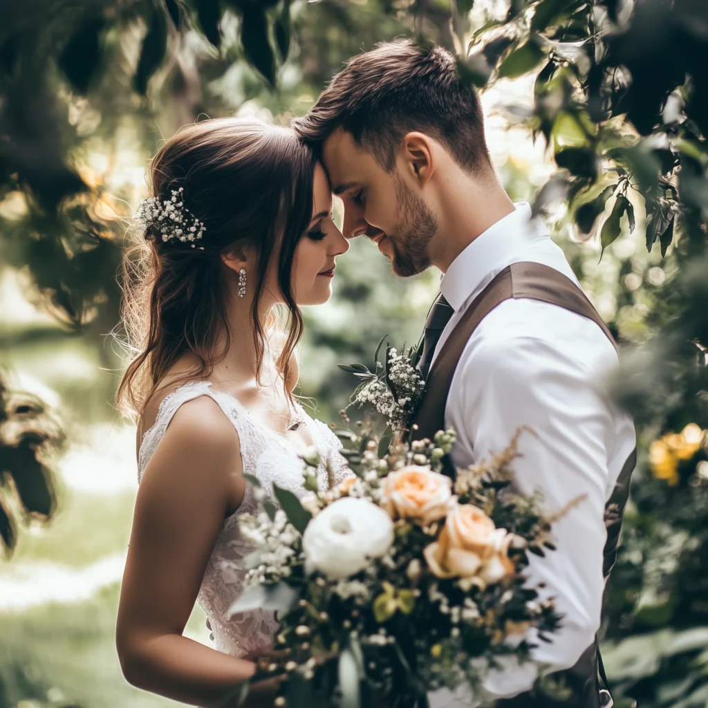 Plan półpełny ukazujący parę młodą stojącą twarzą w twarz, widoczną od pasa w górę. Ujęcie koncentruje się na emocjach i gestach bohaterów, a delikatnie rozmyte tło z zielenią i kwiatami podkreśla intymną atmosferę.