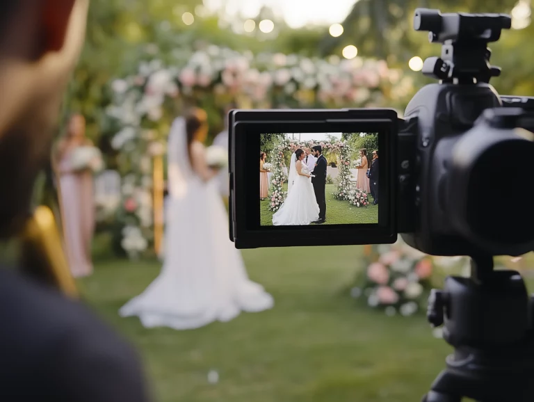 Ujęcie zza ramienia operatora filmowego patrzącego przez wizjer kamery, na którym widoczna jest para młoda w plenerze podczas wymiany przysiąg. Na ekranie kamery widać wyraźny obraz pary, bez nakładki linii kadrowania